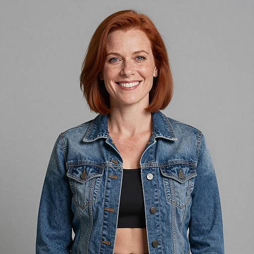 Photograph of a smiling, fair-skinned, red-haired woman with shoulder-length hair, wearing a blue denim jacket over a black crop top, against