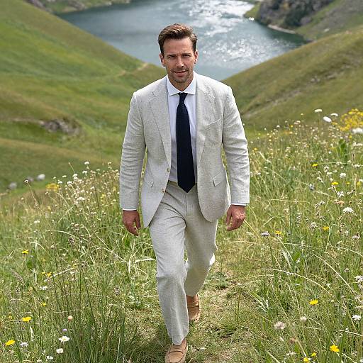 Photograph of a handsome man in a white suit with a navy tie walking through a grassy meadow with wildflowers, overlooking a shimmering lake