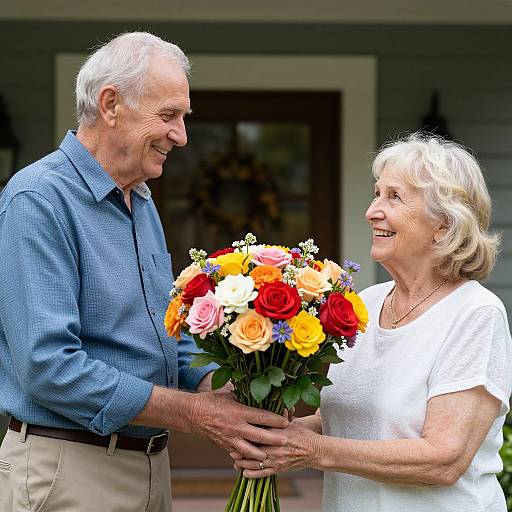 Elderly Couple Sharing Colorful Bouquet
