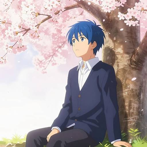 Anime-style drawing of a blue-haired boy in a black suit sitting under a cherry blossom tree with pink petals falling.