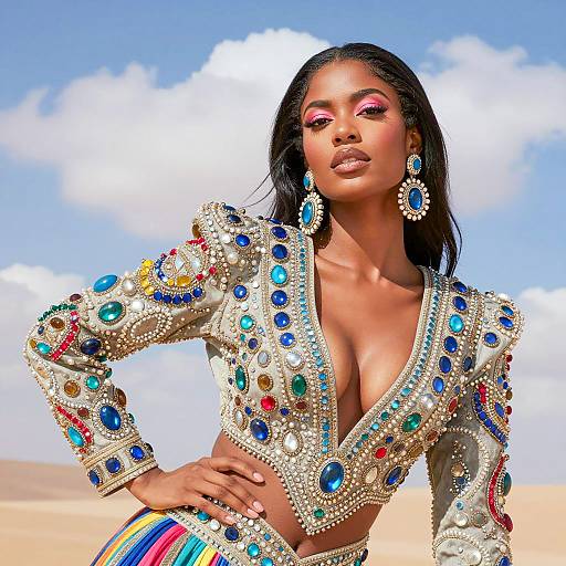 Confident Woman in Ornate Gem-Embellished Outfit in Desert