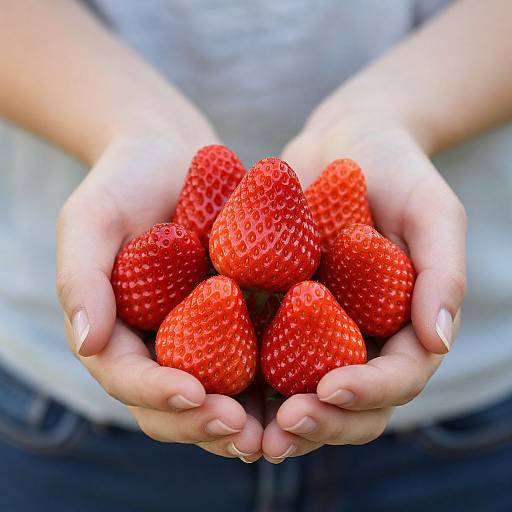 Photograph of pale hands with white nails cupping bright red, textured strawberries, blurred gray shirt and blue jeans background.