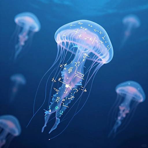 Photograph of glowing blue jellyfish with illuminated mathematical symbols floating in a dark blue underwater ocean scene.