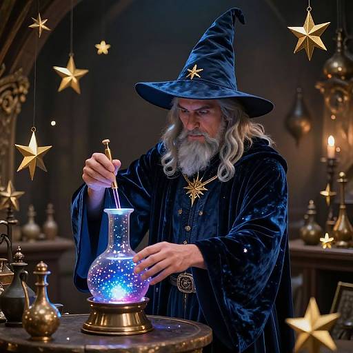 Photograph of an elderly wizard with a long white beard, wearing a blue velvet robe and hat, mixing glowing blue potion under starlit dimly lit