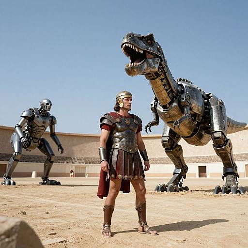 CGI image of a muscular man in ancient Roman armor standing in a desert arena with two robotic dinosaurs. Clear blue sky.