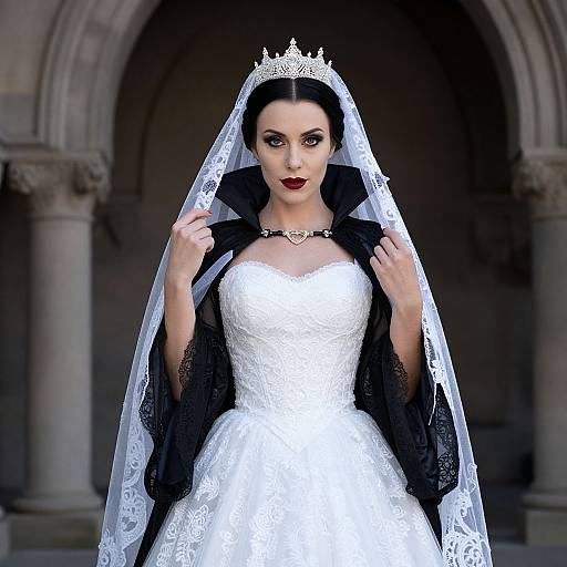Photograph of a pale-skinned, dark-haired woman in a white lace wedding dress with black cape, tiara, and veil, standing in a