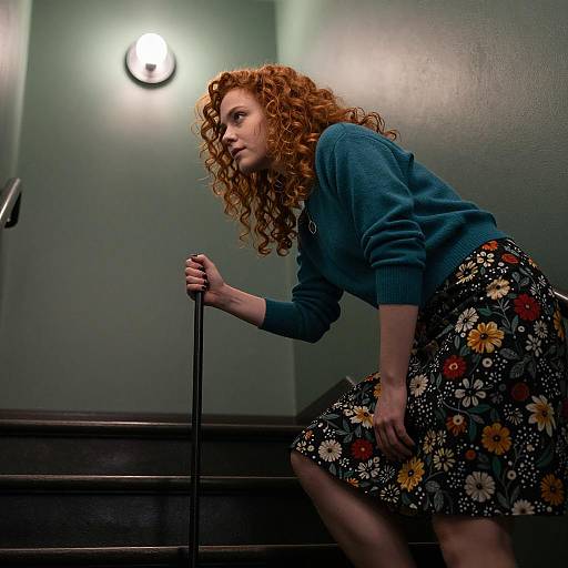 Curly Redhead Woman on Staircase