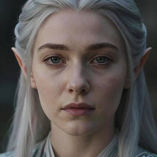 CGI close-up of a fair-skinned, silver-haired elf woman with pointed ears, blue eyes, and subtle makeup, set against a dark background