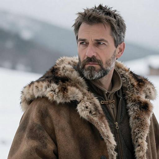 Serious Man in Fur-Lined Cloak in Snowy Mountains