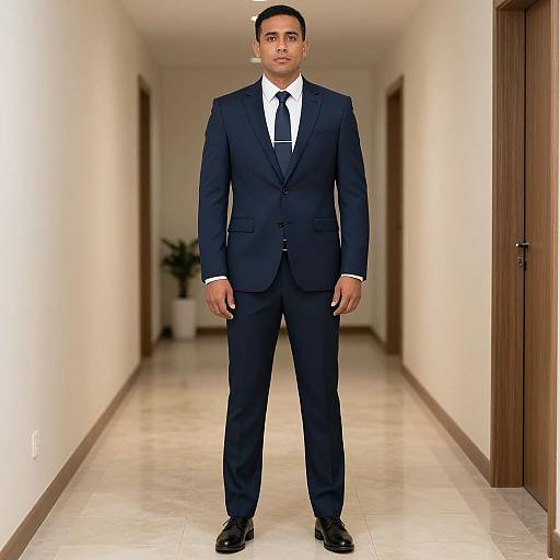 Photograph of a young South Asian man in a dark blue suit, white shirt, black tie, standing in a white-tiled hallway with brown doors