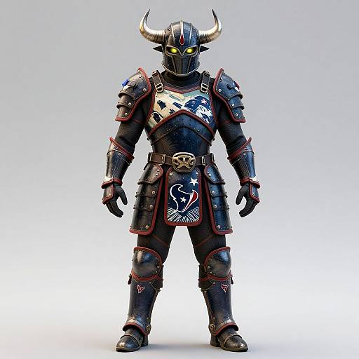 Photograph of a detailed, black armored figure with glowing yellow eyes, silver horns, and intricate red-trimmed metal armor, standing against a white
