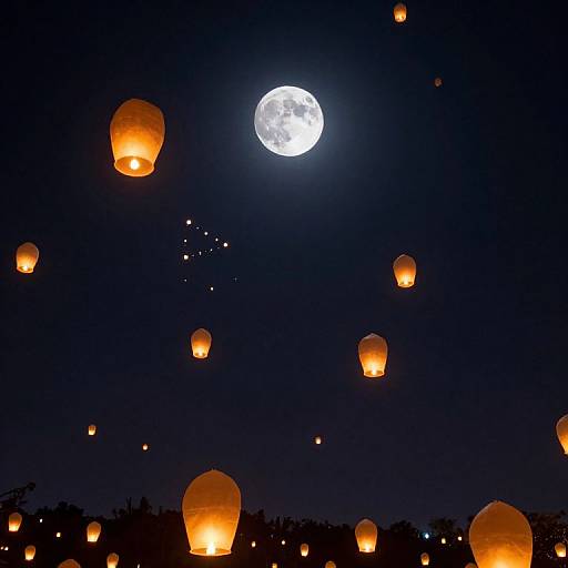 Photograph of a night sky with a bright full moon, surrounded by numerous glowing orange paper lanterns floating upward. Dark silhouette of trees in the background
