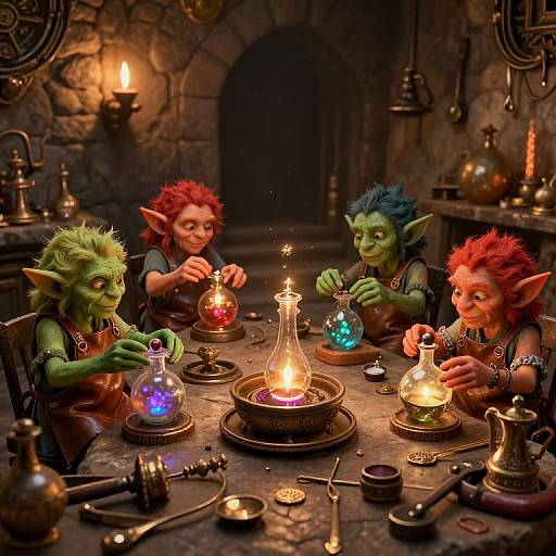 Digital artwork of four green, goblin-like children with red and blue hair, sitting around a glowing table with colorful glass bottles, in a dimly