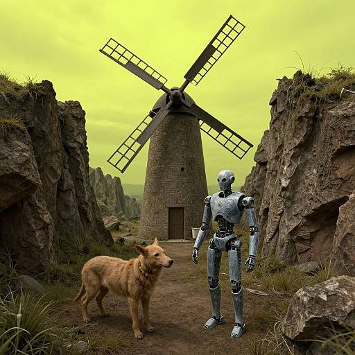 Photorealistic CGI of a silver robot and a tan wolf standing before a stone windmill in a rocky, grassy path under a yellow sky.