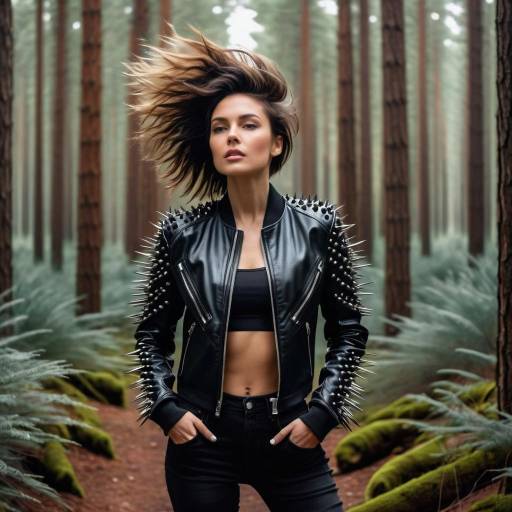 Fashionable Woman in Spiked Leather Jacket in Forest