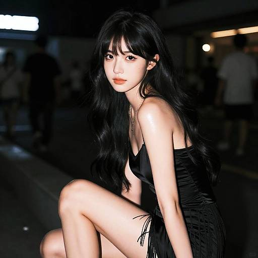Photograph of an Asian woman with long black hair, wearing a black satin dress, sitting with one leg raised, in a dimly lit urban night