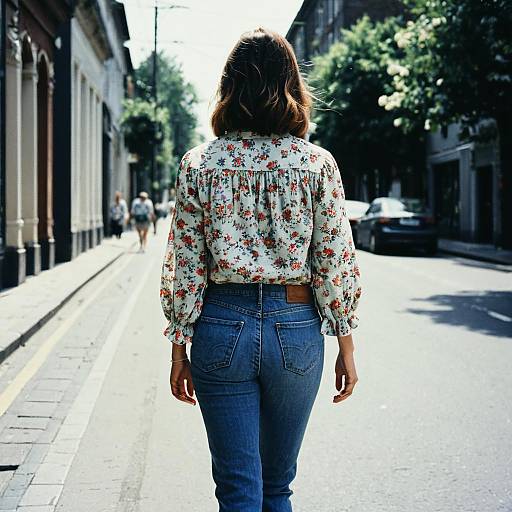Photograph of a woman with brown hair, wearing a floral blouse and blue jeans, walking down a sunlit, tree-lined urban street.