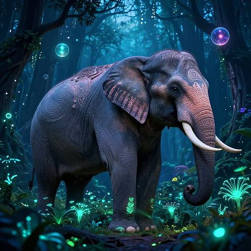 Digital artwork of a mystical, blue-lit forest featuring an adorned elephant with glowing white tusks, surrounded by bioluminescent plants and floating orbs