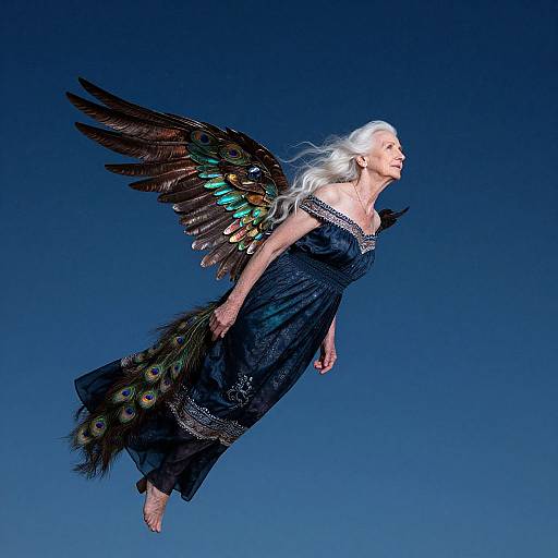 Elderly Woman Soaring in Peacock Dress