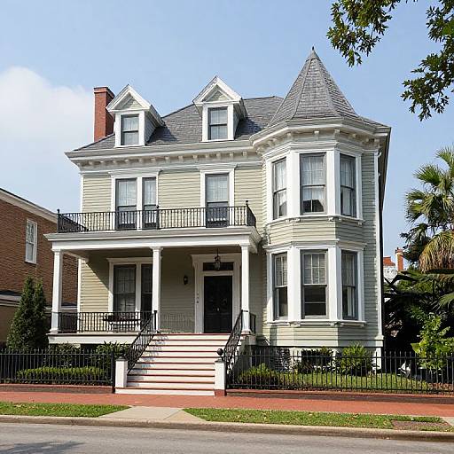 Photograph of a large, pale green Victorian house with white trim, steep gabled roof, black railings, and a front porch with steps.