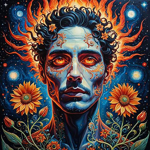 Celestial Man with Fiery Eyes and Floral Details