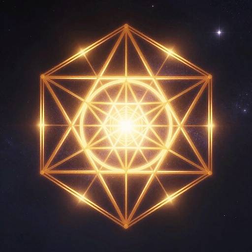 Digital artwork of a glowing, golden geometric pattern with a central star within an octagon, set against a dark, starry space background.