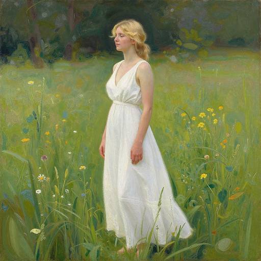 Painting of a blonde woman in a white dress standing in a lush, sunlit meadow filled with wildflowers and greenery.