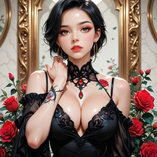 Elegant Woman in Black Lace Dress with Roses