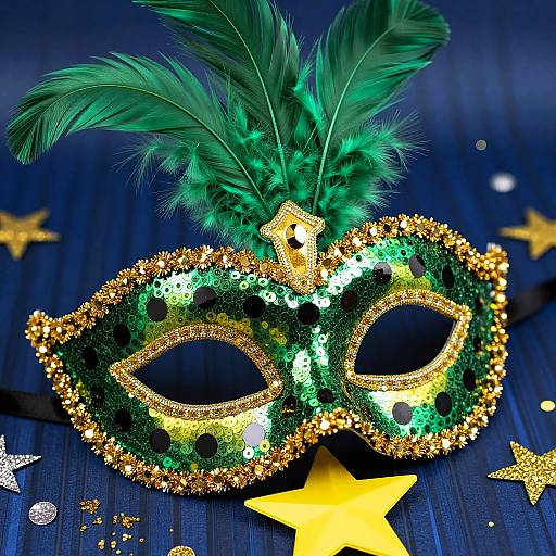 Colorful Mardi Gras mask with green sequins, gold glitter, black spots, and green feathers on a blue wooden surface with yellow stars.