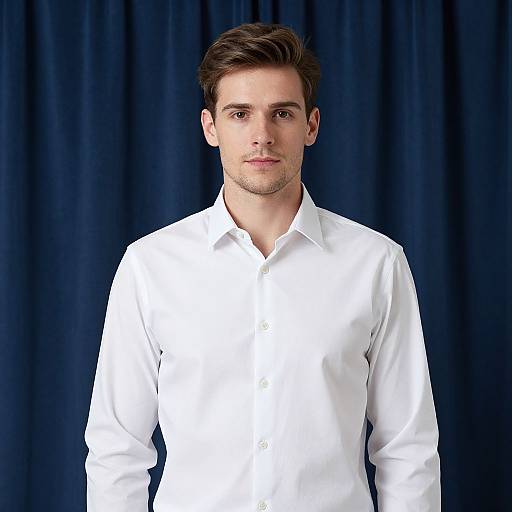 Photograph of a handsome, fair-skinned man with short brown hair, wearing a crisp white button-down shirt, against a dark blue curtain background.