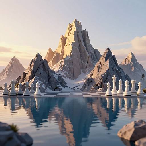 Digital artwork of a chessboard with white pieces on a reflective lake, set against a majestic, snow-capped mountain range at sunset.