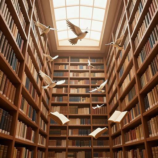Photograph of a grand library with tall wooden bookshelves, colorful books, and six white doves flying gracefully under a sunlit skylight