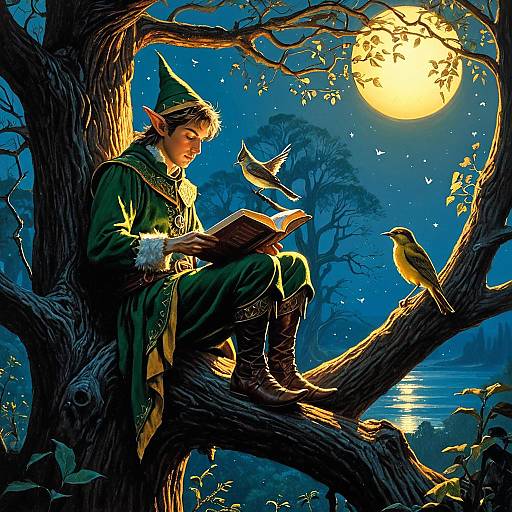 Serene Elf Reading Under Dawn's Glow