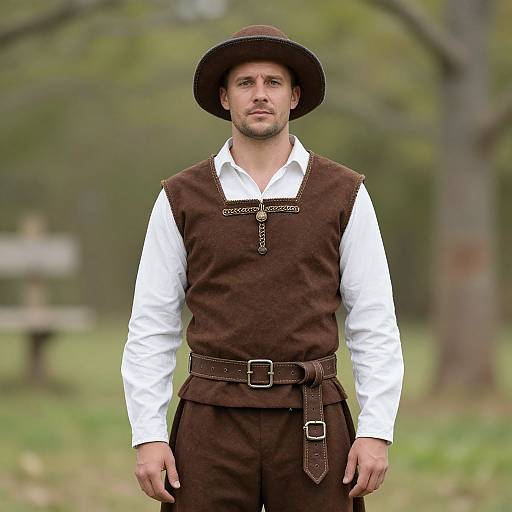 Photograph of a man in historical medieval attire: brown vest, white shirt, brown hat, belt, standing in a green, blurred outdoor setting.