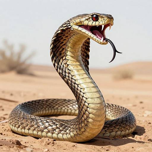 Photorealistic image of a coiled cobra with a raised head, open mouth, and forked tongue in a sandy desert.