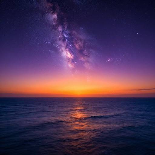 Photograph of a vibrant sunset over a calm ocean, with the Milky Way galaxy prominently visible in the twilight sky.