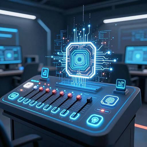Digital CGI image of a futuristic control panel with glowing blue holographic interface, buttons, and circuits, set in a dark, high-tech room.