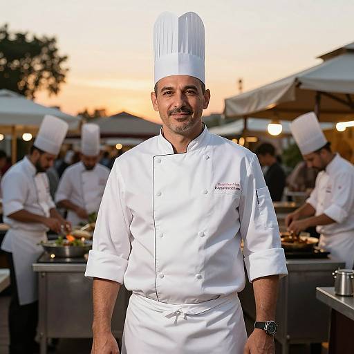 Photograph of a male chef with dark hair and beard, wearing a white chef's uniform and tall hat, standing in an outdoor kitchen at sunset,