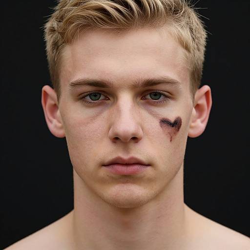 Close-up photograph of a young, blonde-haired Caucasian man with blue eyes, a black bruise on his right cheek, and a neutral expression against a