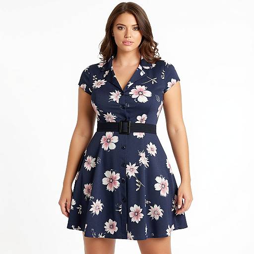 Photograph of a young woman with medium-length brown hair, wearing a navy blue floral dress with pink and white flowers, black belt, and short sleeves