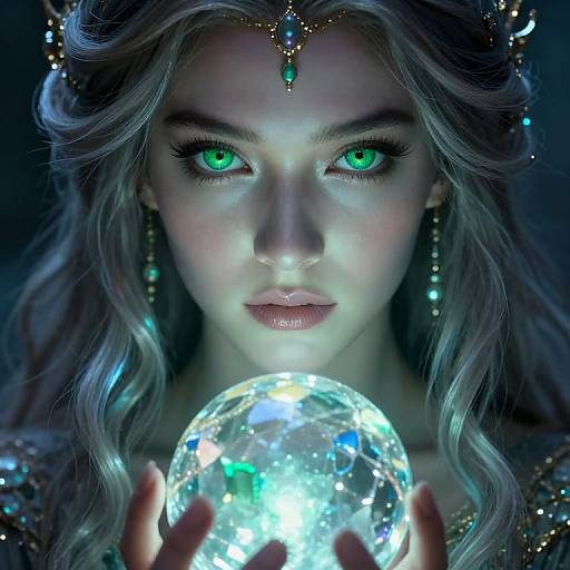 Digital art of a fair-skinned, green-eyed woman with wavy silver hair, wearing a jeweled headpiece and earrings, holding a glowing crystal