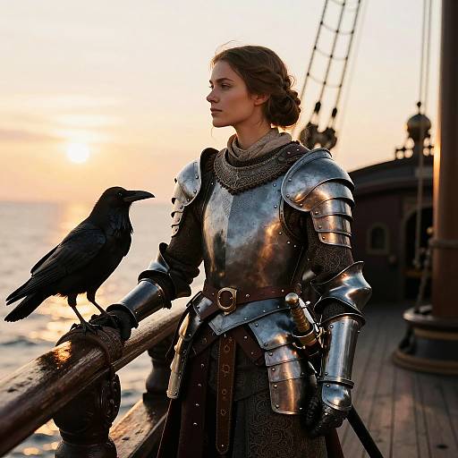 Medieval Woman on Ship at Sunset