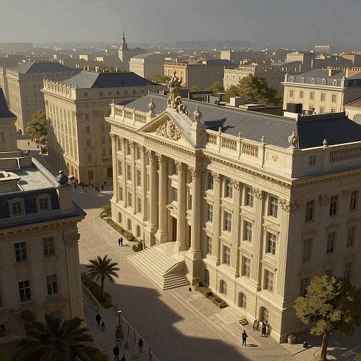 Aerial photograph of a grand, neoclassical building with tall columns in a sunlit, historic cityscape, surrounded by other elegant, beige