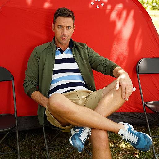 Photograph of a casual, fit man with short brown hair, wearing an olive green jacket, white and black striped shirt, beige shorts, and blue