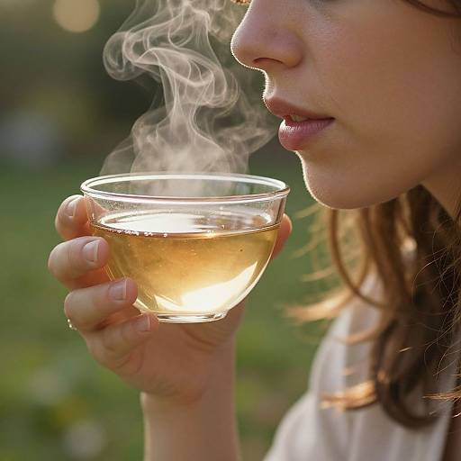Close-up photograph of a woman with light skin and brown hair, holding a steaming glass of golden tea, lips slightly parted, outdoors with blurred green
