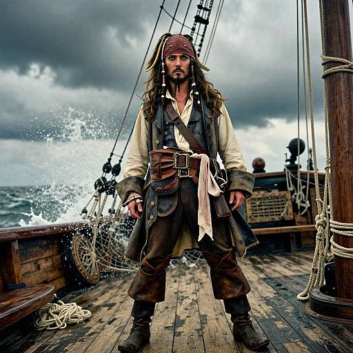 Photograph of a rugged pirate with long hair, brown beard, and eye patch, standing on a stormy wooden ship deck, splashing waves in