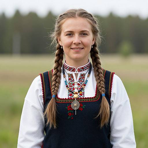 Photograph of a smiling young woman with braided brown hair, wearing a traditional white blouse and black embroidered dress, standing in a grassy field with
