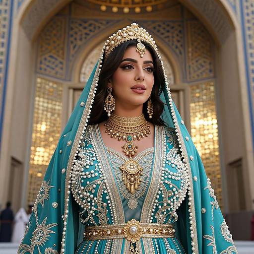 Photorealistic image of a South Asian woman in a turquoise bridal outfit with intricate gold embroidery, pearls, and jewelry, standing in an ornate,