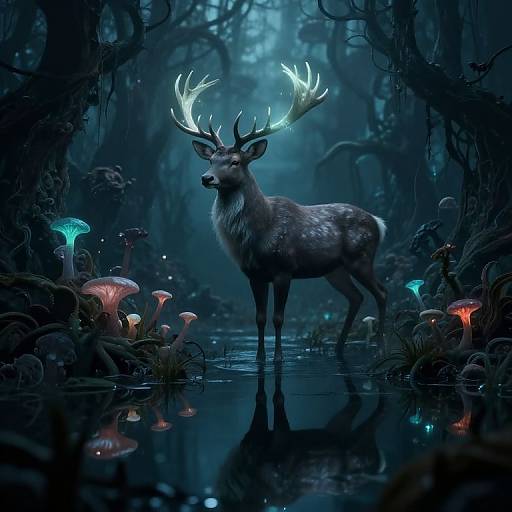Digital artwork of a glowing, antlered deer standing in a mystical, blue-lit forest pond surrounded by bioluminescent mushrooms.