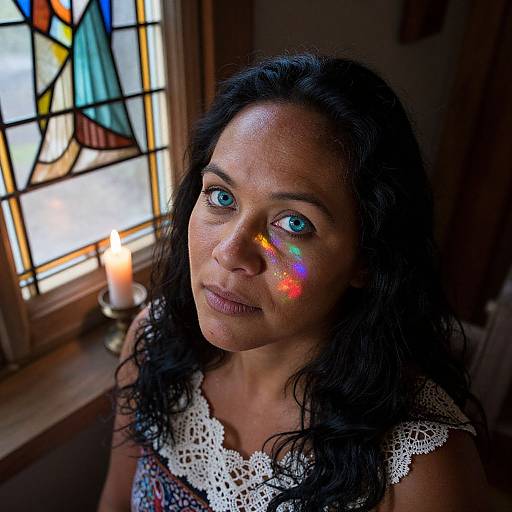 Photograph of a middle-aged woman with dark hair and blue eyes, illuminated by colorful stained glass light, wearing a white lace dress, with a lit